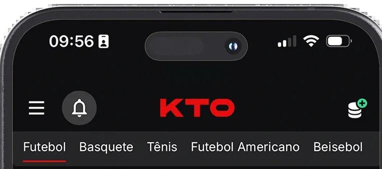 Cabeçalho do app da KTO com logotipo e abas de esportes, visual imitado por golpistas